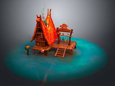 Wooden Hut With Orange Flame Like Roof Wooden Platform And Staircase On Blue Water 3d model