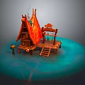Wooden Hut With Orange Flame Like Roof Wooden Platform And Staircase On Blue Water