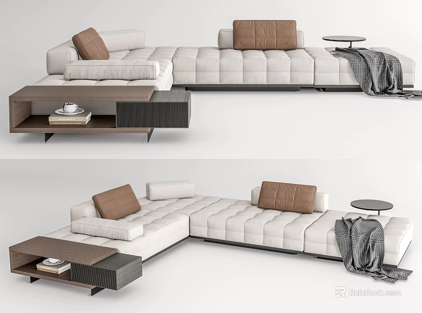 Modern Beige Sectional Sofa With Brown Cushions Coffee Table And Throw Blanket 3d model