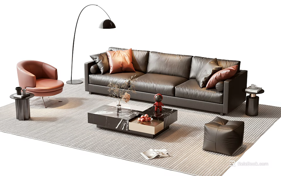 Modern Leather Sofa And Coffee Table Combination With Accent Chair Floor Lamp And Decorative Pillows 3d model 