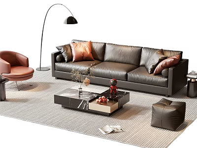 Modern Leather Sofa And Coffee Table Combination With Accent Chair Floor Lamp And Decorative Pillows 3d model