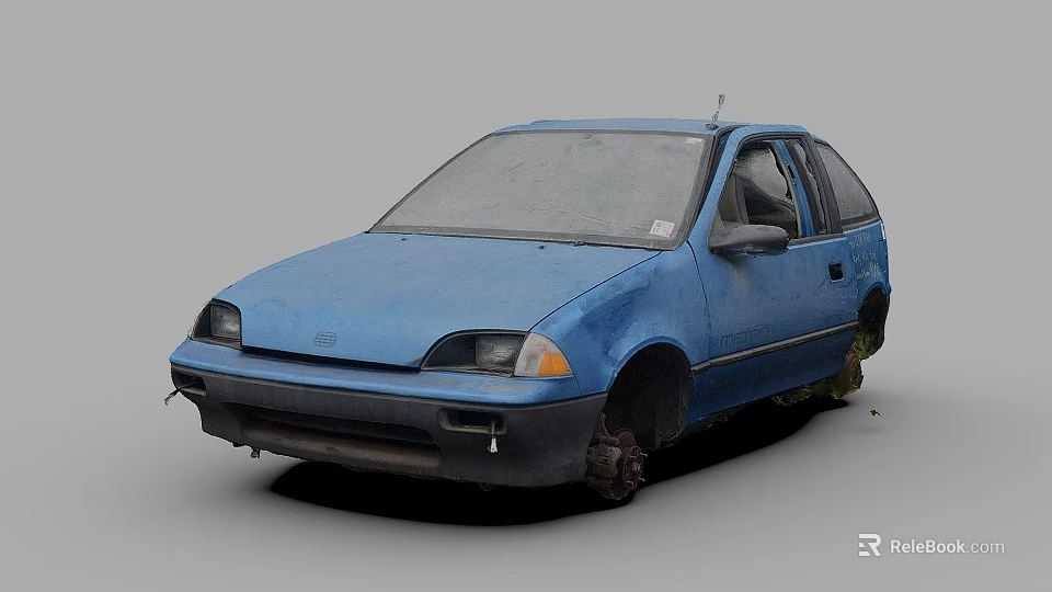 Abandoned Old Blue Car With Damaged Body Rusted Parts And Tires 3d model 