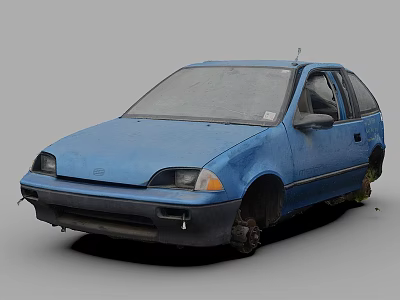 Abandoned Old Blue Car With Damaged Body Rusted Parts And Tires 3d model