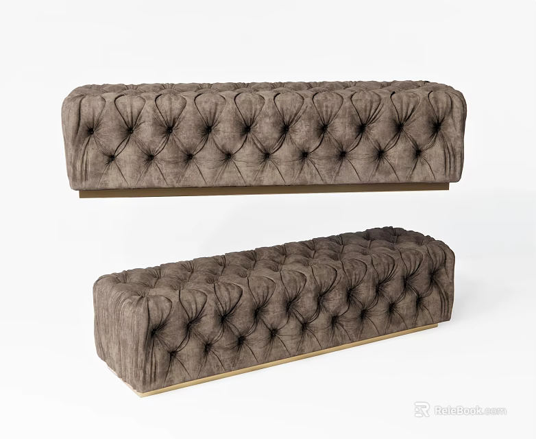 Elegant Tufted Brown Sofa Bench with Golden Base and Velvet Fabric 3d model 