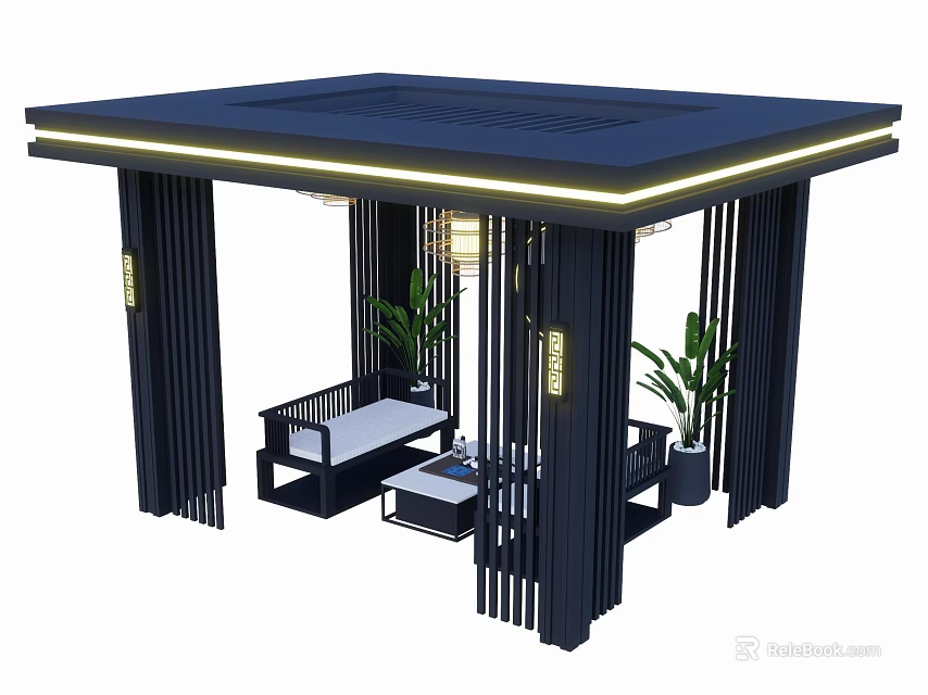 Modern Outdoor Pavilion With Black Frame LED Strip Lighting Seating And Potted Plants 3d model 