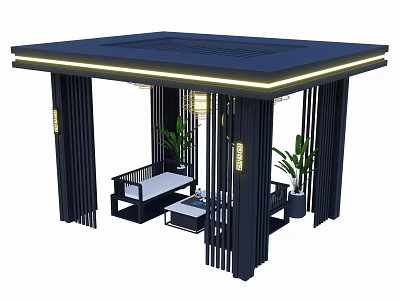 Modern Outdoor Pavilion With Black Frame LED Strip Lighting Seating And Potted Plants 3d model