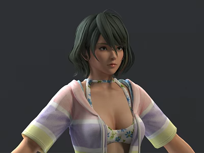 Game Movie Character With Short Green Hair Striped Cardigan And Floral Bikini Top 3d model