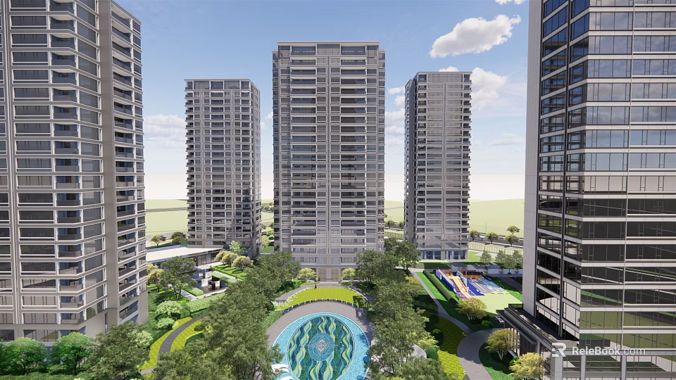 Modern High Rise Residential Complex With Lush Greenery And Central Swimming Pool 3d model 