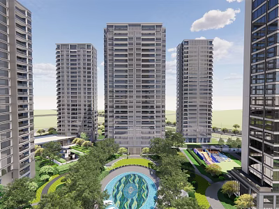 Modern High Rise Residential Complex With Lush Greenery And Central Swimming Pool 3d model
