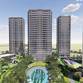 Modern High Rise Residential Complex With Lush Greenery And Central Swimming Pool