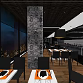 Modern Restaurant Interior With Dining Tables Buffet Counter City View Windows And Striped Ceiling