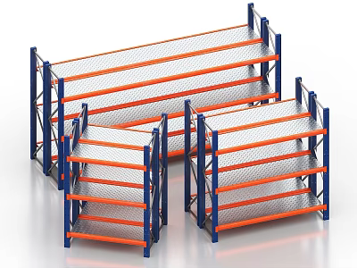 Industrial Storage Shelving Units With Blue Frames And Orange Mesh Layers 3d model