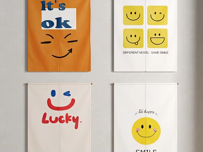 Playful Curtains with Smiley Faces and Positive Texts Like Its ok Lucky and Smile 3d model