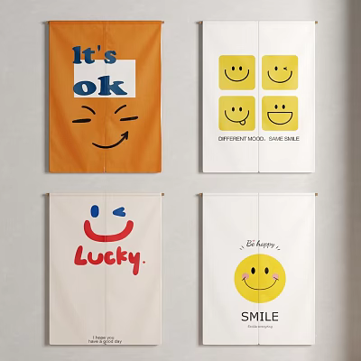 Playful Curtains with Smiley Faces and Positive Texts Like Its ok Lucky and Smile 3d model