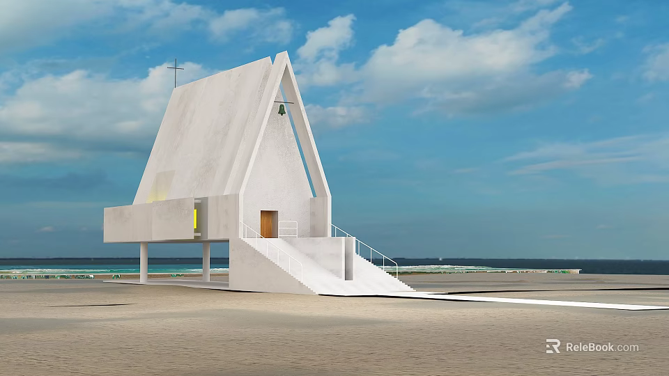 Beautiful Beach Landscape with White Church Cross Sloped Stairs Blue Sky White Clouds and Sea 3d model 