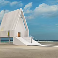 Beautiful Beach Landscape with White Church Cross Sloped Stairs Blue Sky White Clouds and Sea