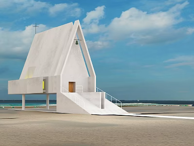Beautiful Beach Landscape with White Church Cross Sloped Stairs Blue Sky White Clouds and Sea 3d model