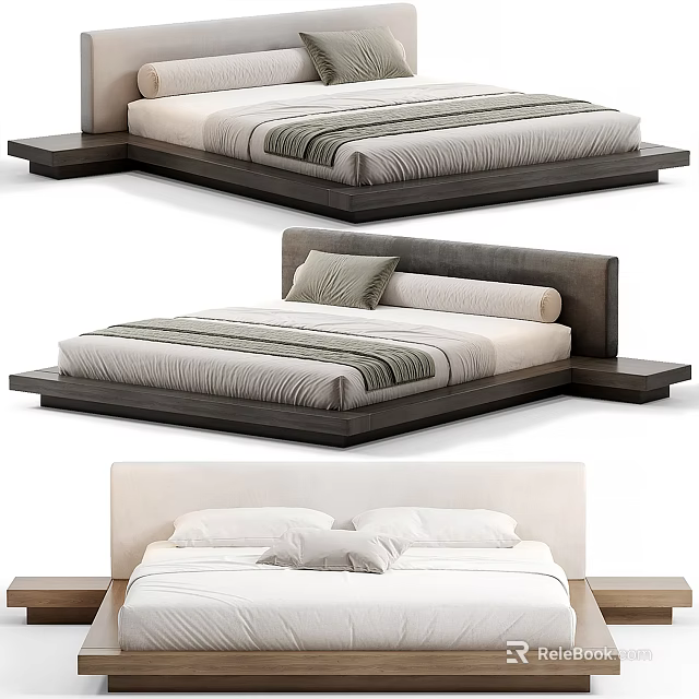 Modern Double Bed Design Featuring Stripe Bedding Wooden Headboard And Side Tables 3d model 