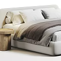 Modern Double Bed With White Headboard Gray And White Bedding And Wooden Stool