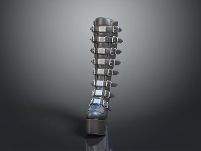 Black Knee High Leather Boots With Silver Buckles And Chunky Heel 3d model