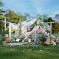 Outdoor Celebration Setup With WE LOVE YOU MOM Sign String Lights Greenery Canopy On Grass