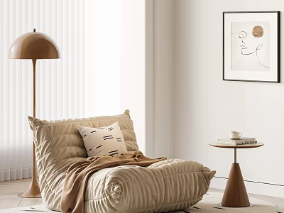 Cozy Beige Quilted Lazy Sofa in Minimalist Living Room with Side Table and Floor Lamp 3d model