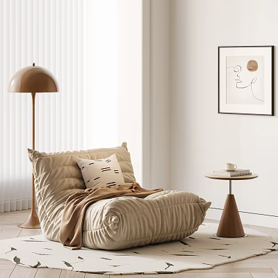 Cozy Beige Quilted Lazy Sofa in Minimalist Living Room with Side Table and Floor Lamp 3d model