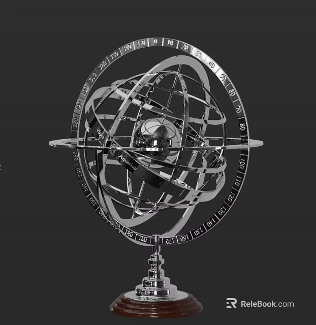 Intricate Metallic Armillary Sphere With Decorative Celestial Rings And Stand 3d model 
