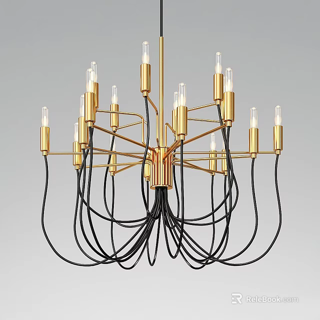 Golden Chandelier with Multiple Arms and Black Hanging Wires Modern Design for Home Interior Decor 3d model 