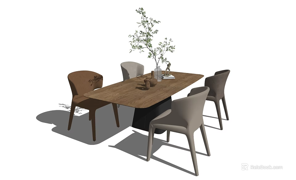 Minimalist Modern Dining Table Set with Rectangular Wooden Table Four Brown Gray Chairs Green Plant 3d model