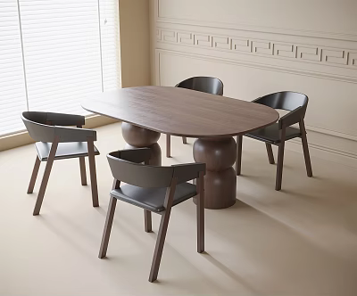 Modern Oval Wooden Dining Table with Four Black Chairs and Round Bases in Minimalist Interior 3d model