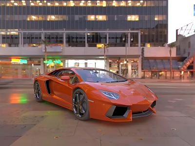 Orange Lamborghini Sports Car Parked On City Street With Tall Buildings And Neon Lights 3d model