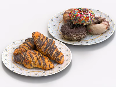 Delicious Croissants And Donuts On Plates 3d model