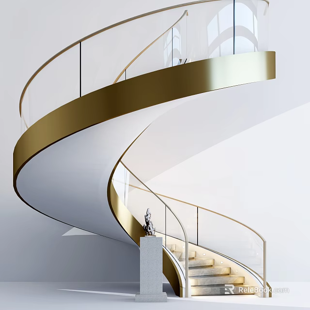 Elegant Spiral Staircase Design With Golden Handrail Glass Balustrade And White Steps 3d model 