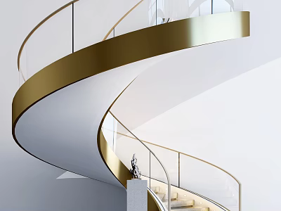 Elegant Spiral Staircase Design With Golden Handrail Glass Balustrade And White Steps 3d model
