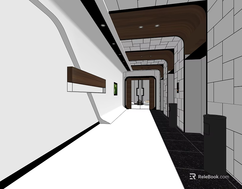 Modern Elevator Corridor Interior Design With Tiled Walls And Ceiling Lighting 3d model 