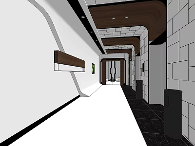 Modern Elevator Corridor Interior Design With Tiled Walls And Ceiling Lighting 3d model
