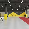 Indoor Sports Training Facility With Red Running Track Yellow Pillars And Colorful Climbing Wall