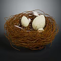 Natural Brown Twig Nest Holding White Eggs Against Dark Background