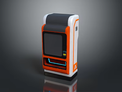 Modern Self Service Kiosk With Orange White Black Body Digital Display And Blue Light Strip 3d model