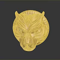 Shiny Golden Wolf Head Sculpture With Intricate Carvings On Dark Background