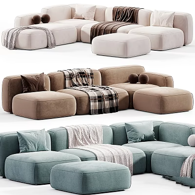 Modern Modular Sofa Collection With Cozy Velvet Pillows Blankets In Beige Brown Light Blue 3d model
