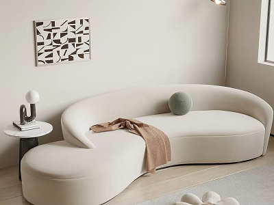 Cozy Modern Interior Design With Beige Curved Irregular Shaped Sofa And Side Table Wall Art 3d model