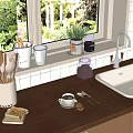 Wooden Kitchen Countertop With White Sink Coffee Cup Toast And Utensils