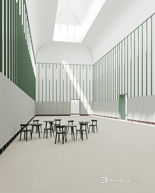 Minimalist Interior With Green Panels Tables And Chairs 3d model 