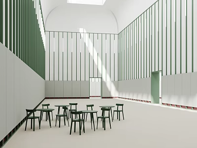 Minimalist Interior With Green Panels Tables And Chairs 3d model
