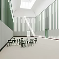 Minimalist Interior With Green Panels Tables And Chairs