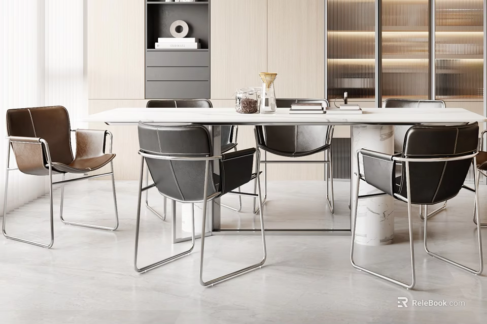 Modern Dining Table Set Design With Black And Brown Leather Chairs Metal Frame And Cabinets 3d model 
