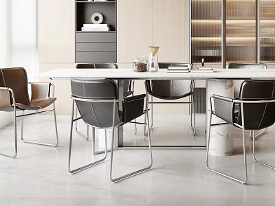Modern Dining Table Set Design With Black And Brown Leather Chairs Metal Frame And Cabinets 3d model