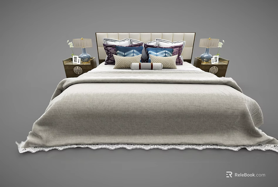 Double Bed With Upholstered Headboard Decorative Pillows And Bedside Table Lamps 3d model